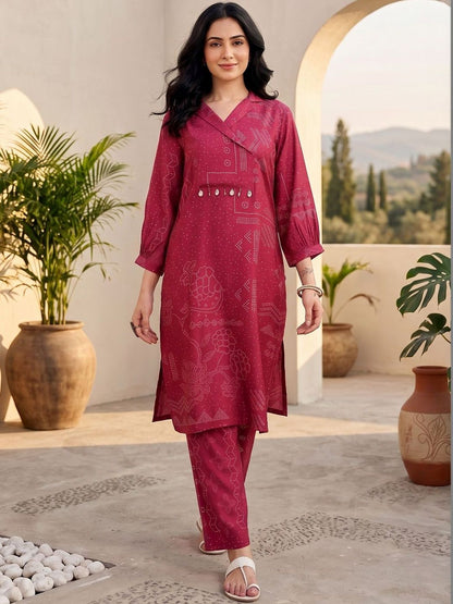 Maroon Women Ethnic Motifs Printed Angrakha Thread Work Chanderi Silk Kurta with Trousers