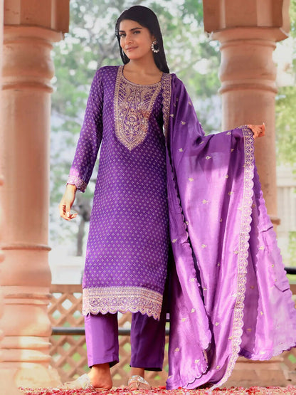 Women's LB Purple Printed Silk Blend Straight Suit With Dupatta