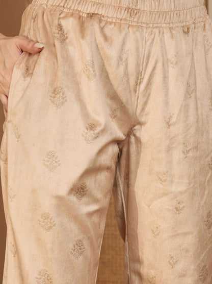 Winter Woven Design Velvet Round Neck Kurta & Palazzos With Dupatta