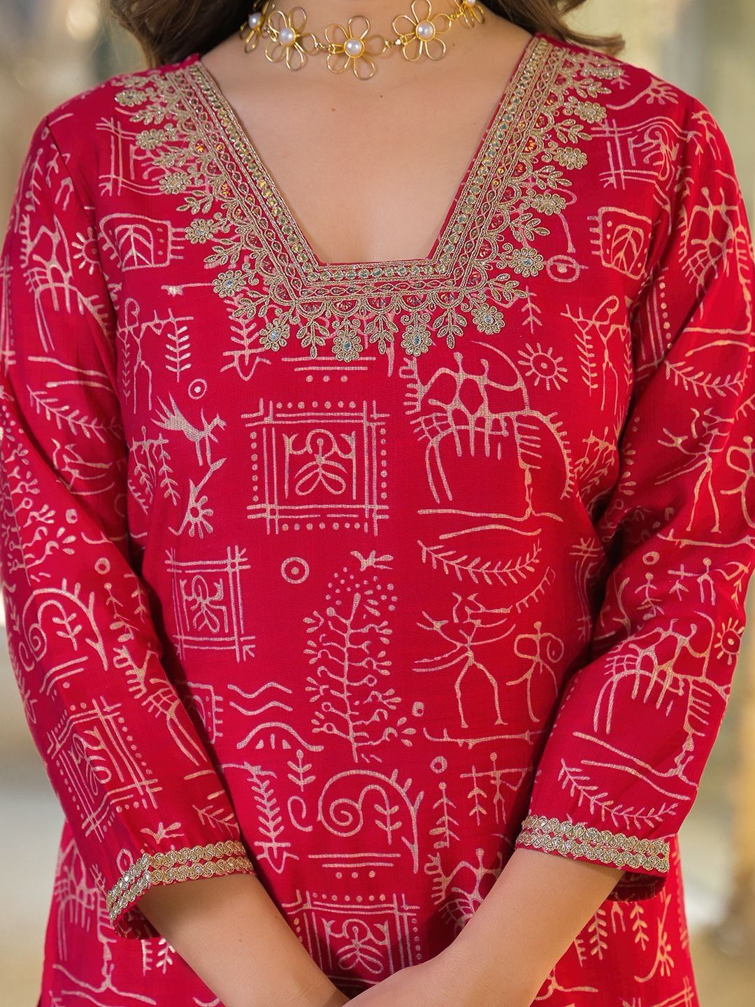 Dhiyona KL Women Ethnic Motifs Printed Regular Thread Work Kurta with Trousers & With Dupatta