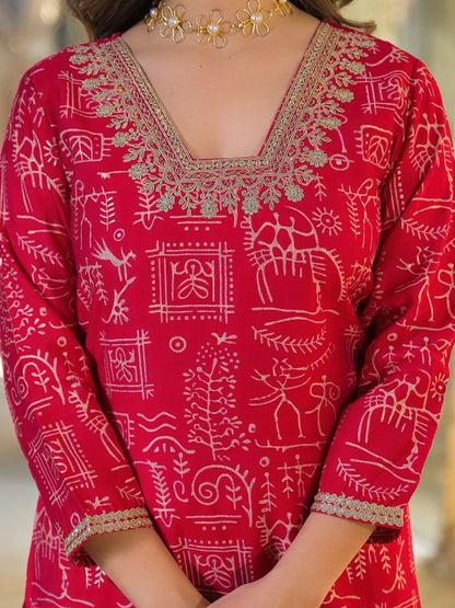 Dhiyona KL Women Ethnic Motifs Printed Regular Thread Work Kurta with Trousers & With Dupatta
