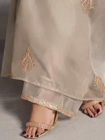 Dhiyona IN Ethnic Motifs Embroidered Pleated Zari Organza Kurta With Palazzos & Dupatta