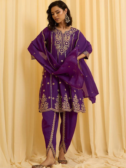 Dhiyona CH Women Ethnic Motifs Embroidered Regular Thread Work Kurta with Dhoti Pants & With Dupatta