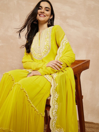 Dhiyona IN Women Ethnic Motifs Embroidered Regular Thread Work Kurta with Sharara & With Dupatta