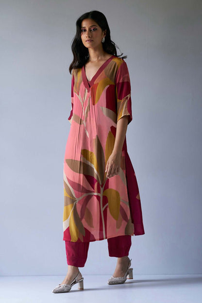 Women's Maroon and Peach Crepe Silk Printed Co-ord Set