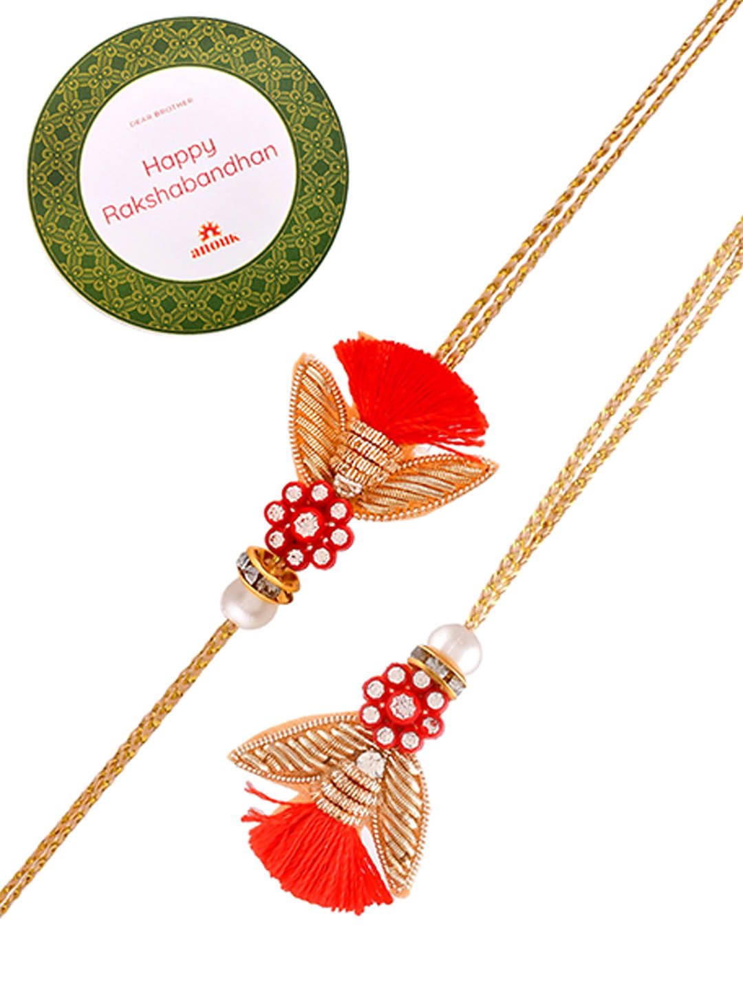 Dhiyona Red Set of 2 Scarlet Floral Studded Zari Work Rakhi With Roli Chawal & Greeting Card