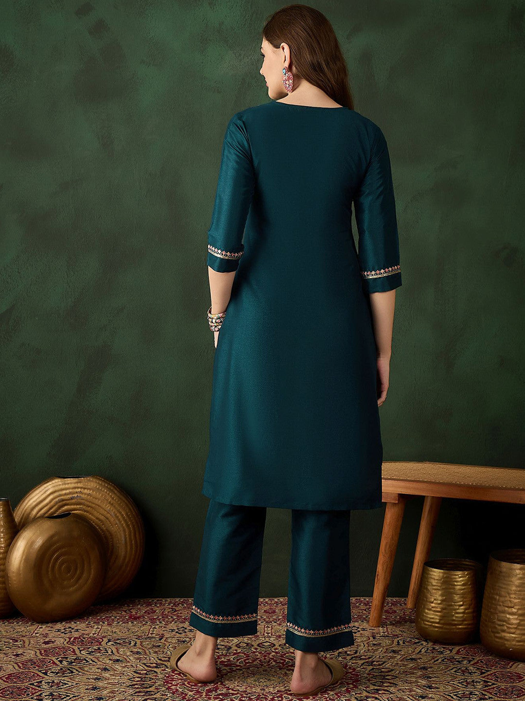 Women Embroidered Straight Kurta With Trousers