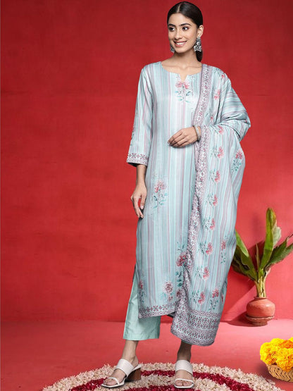 Blue Women Floral Printed Kurta with Palazzo & Dupatta