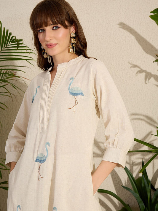 Dhiyona IE Embroidered Mandarin Collar A-Line Pure Cotton Kurta With Pants