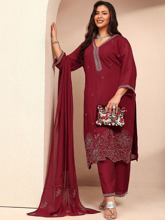 Dhiyona Women's Ethnic Motifs Embroidered Thread Work Kurta with Trousers & Dupatta