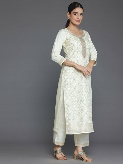 Women's LB Cream Woven Design Silk Blend Straight Suit With Dupatta