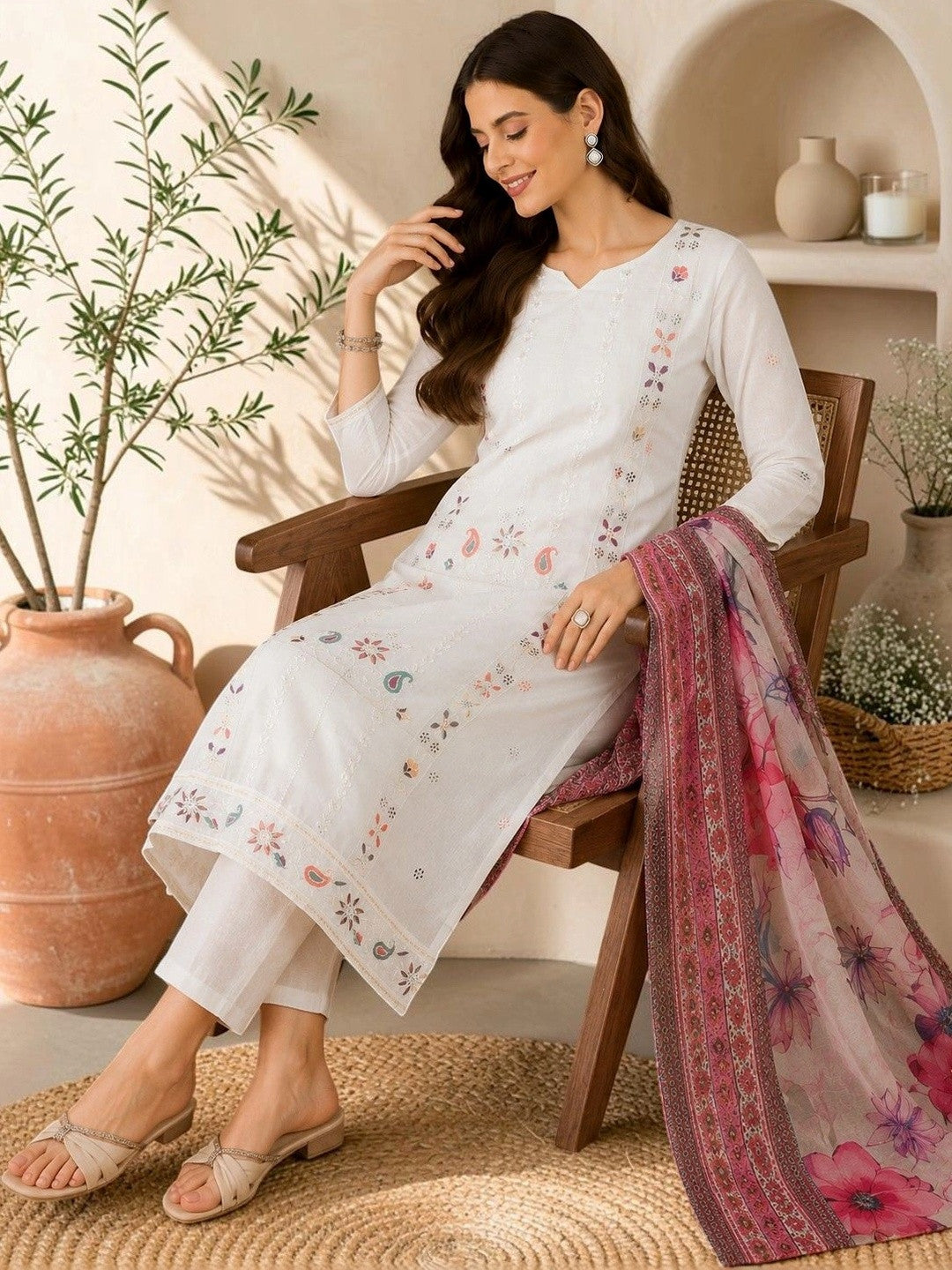 Dhiyona SN Women Ethnic Motifs Embroidered Regular Thread Work Pure Cotton Kurta with Trousers & With Dupatta