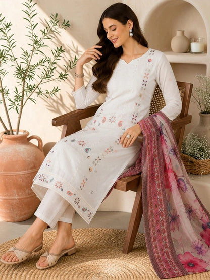 Women Ethnic Motifs Embroidered Regular Thread Work Pure Cotton Kurta with Trousers & With Dupatta