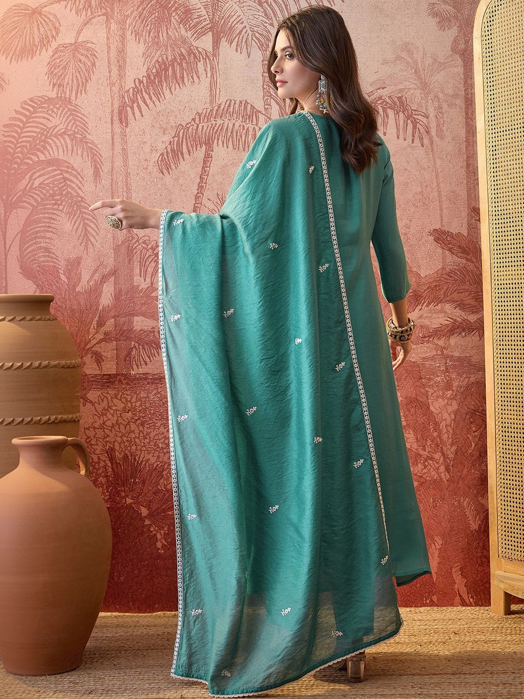 Embroidered V-Neck A-Line Kurta & Trousers With Dupatta
