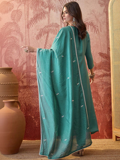 Embroidered V-Neck A-Line Kurta & Trousers With Dupatta