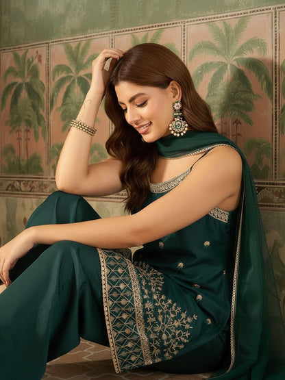 Embroidered Georgette Round Neck Kurta & Palazzos With Dupatta