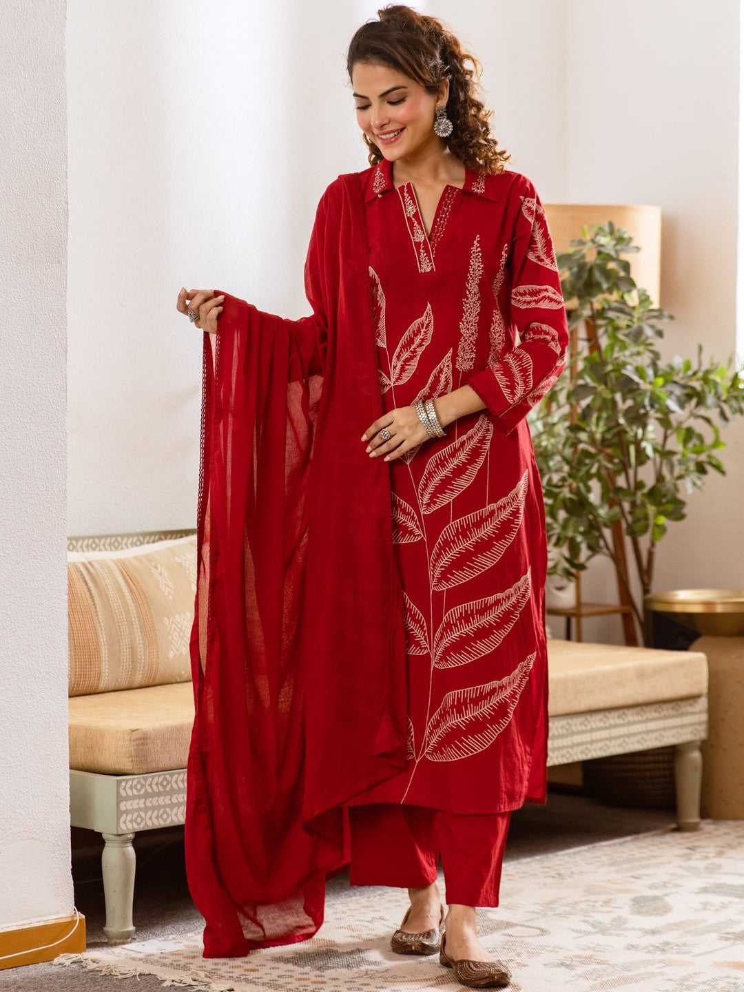 Dhiyona SN Printed Pure Cotton Shirt Collar Neck Kurta & Trousers With Dupatta