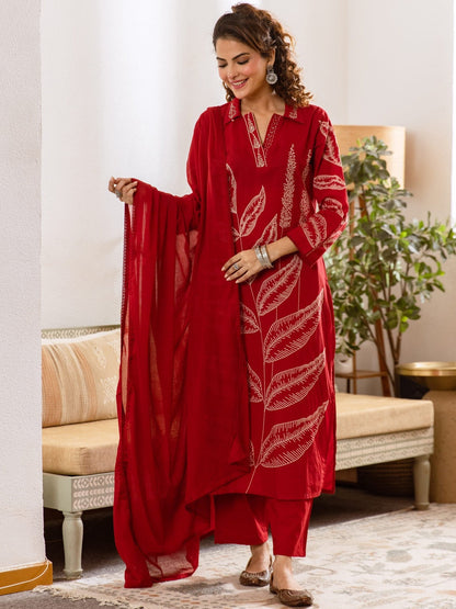Printed Pure Cotton Shirt Collar Neck Kurta & Trousers With Dupatta