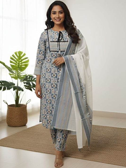 Dhiyona KL Women Ethnic Motifs Printed Regular Pure Cotton Kurta with Trousers & With Dupatta