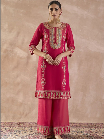 Dhiyona IE Women Ethnic Motifs Embroidered Regular Sequinned Kurta with Palazzos & With Dupatta