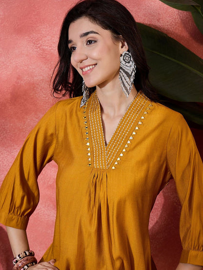 Dhiyona SN Women's Floral Embroidered V-Neck Mirror Work A-Line Kurta With Palazzo