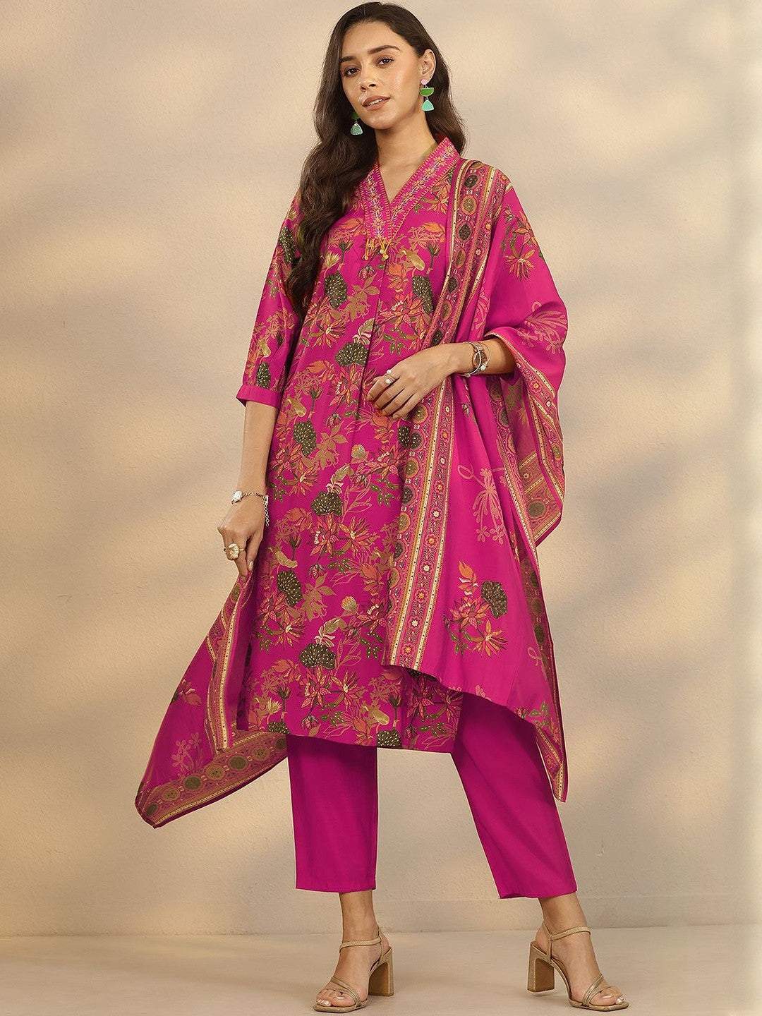 Floral Printed V-Neck Straight Kurta With Trousers & Dupatta