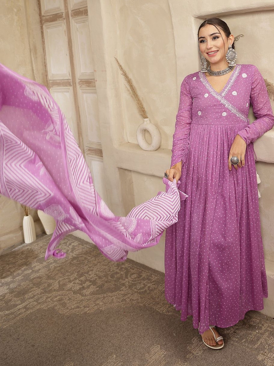 Women Ethnic Motifs Printed Angrakha Thread Work Pure Cotton Kurta with Palazzos & With Dupatta