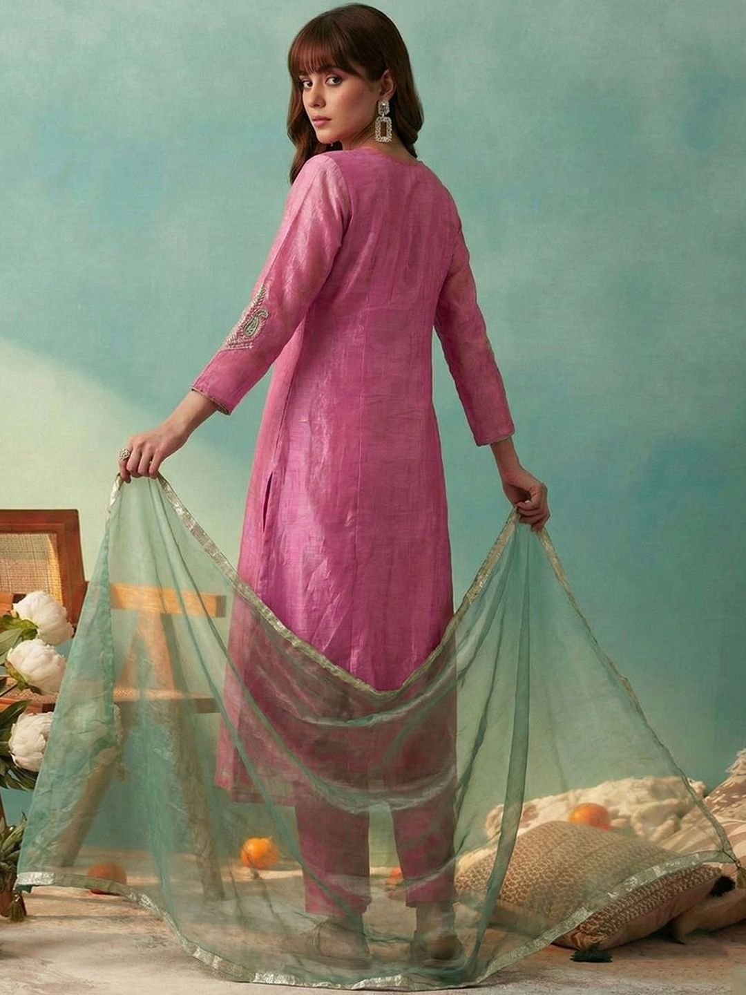 Dhiyona CH Women Ethnic Motifs Embroidered Regular Thread Work Kurta with Trousers & With Dupatta