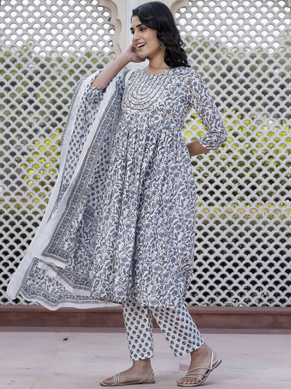 Dhiyona KL Floral Printed Thread Work Pure Cotton Anarkali Kurta With Trouser & Dupatta