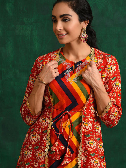 Red Chevron Printed Pure Cotton A-Line Kurta & Trousers With Jacket