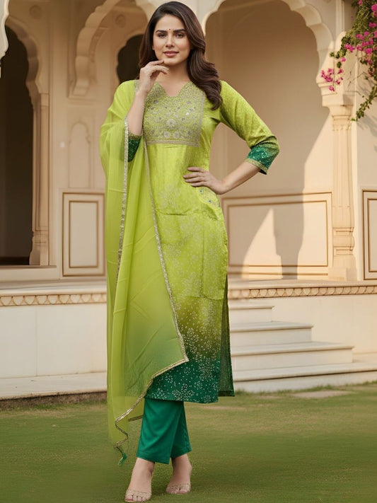 Dhiyona KL Women Ombre Dyed Regular Thread Work Kurta with Trousers & With Dupatta