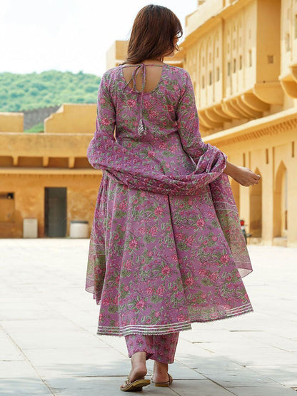 Dhiyona KL Floral Printed Gotta Patti Pure Cotton Anarkali Kurta With Trousers & Dupatta