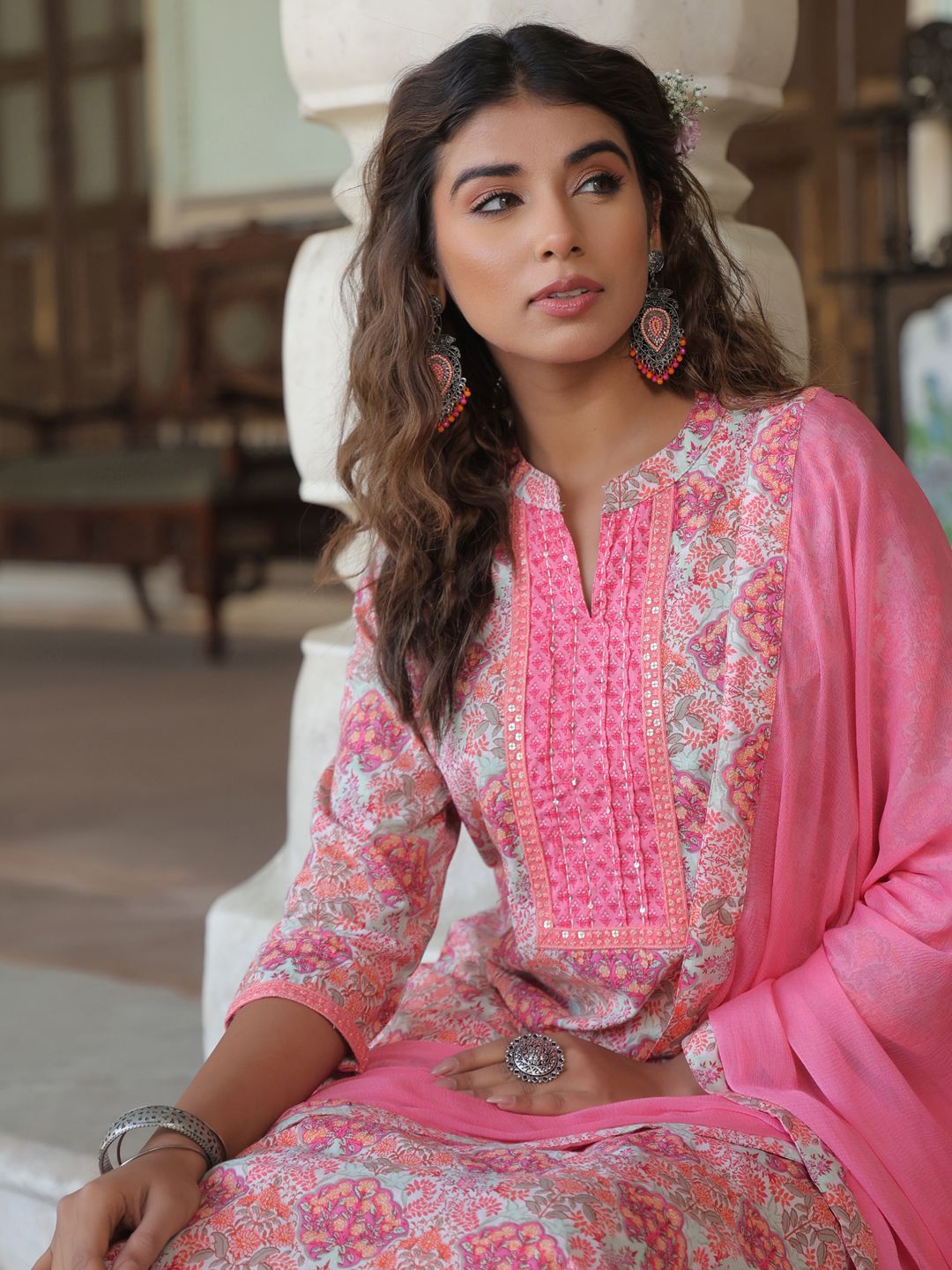 Dhiyona RR Women's Floral Printed Pure Cotton Kurta with Trousers & Dupatta