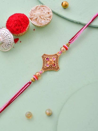 Dhiyona Gold-Toned Stone-Studded & Beaded Thread Rakhi