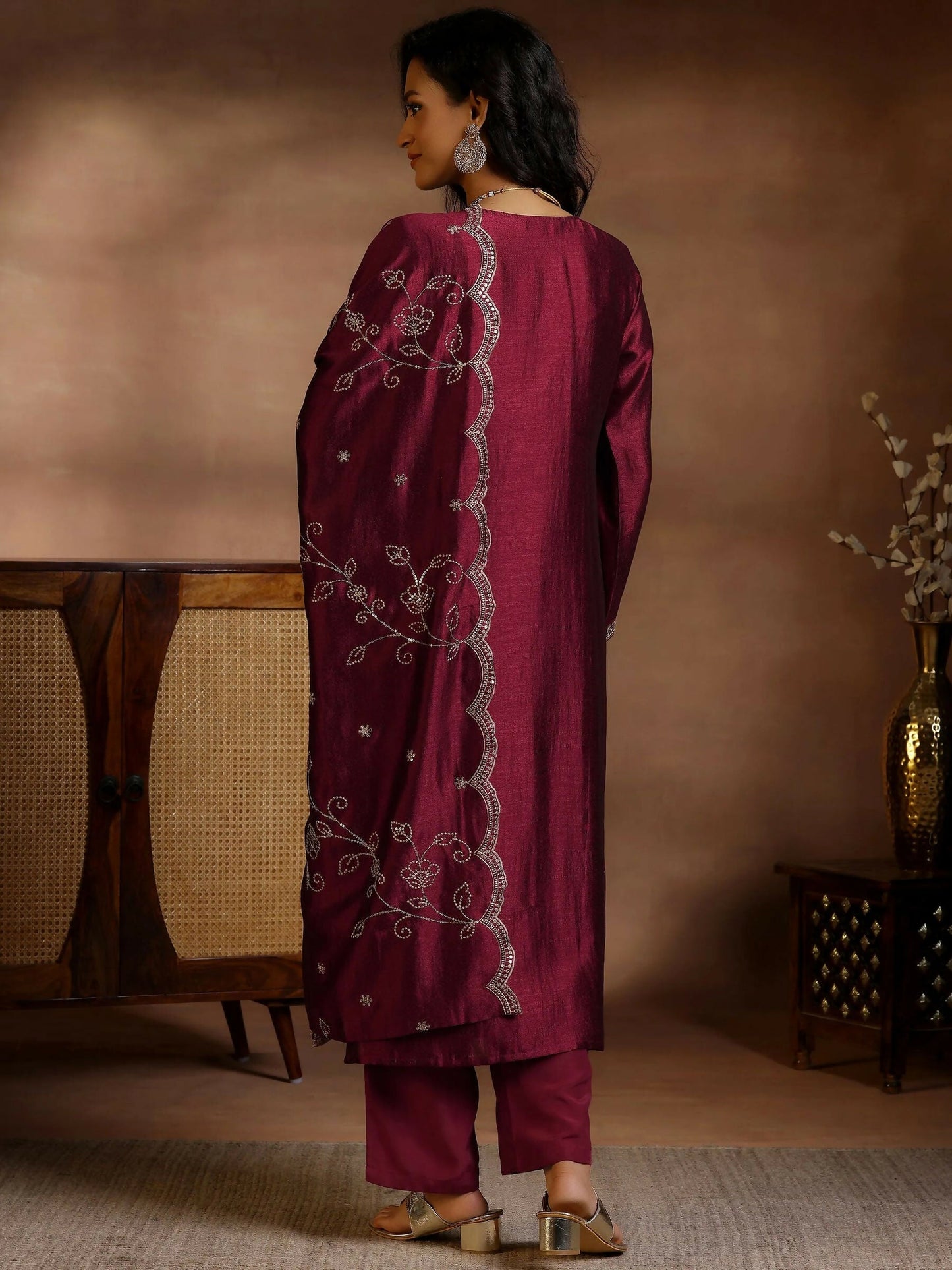 Women's LB Maroon Embroidered Silk Blend Straight Suits With Dupatta