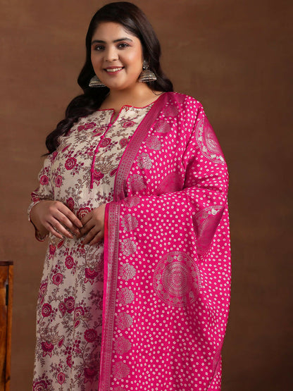 Women's LB Plus Size Pink Printed Silk Blend Straight Suit With Dupatta