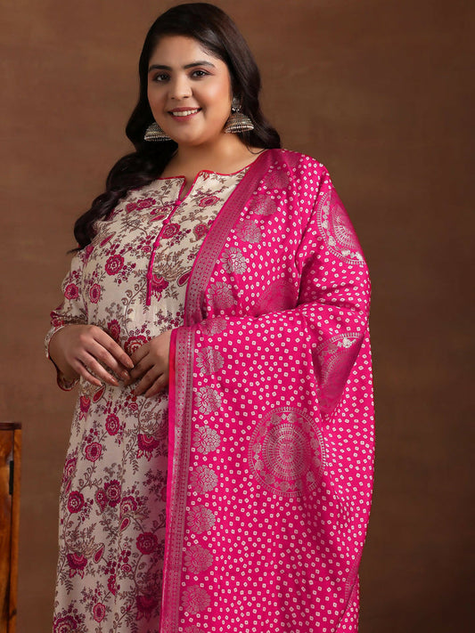 Women's LB Plus Size Pink Printed Silk Blend Straight Suit With Dupatta