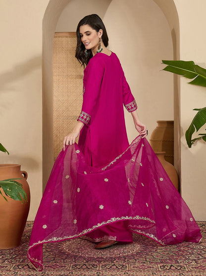 Dhiyona SN Embroidered Sequinned Vichitra Kurta With Palazzo And Dupatta