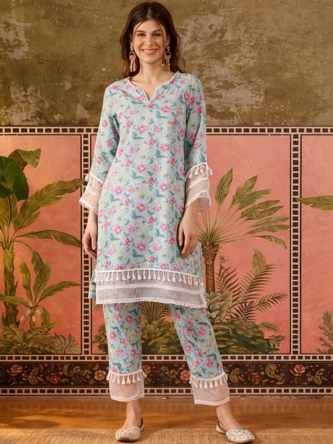 Printed Pure Cotton Round Neck Kurta & Trousers