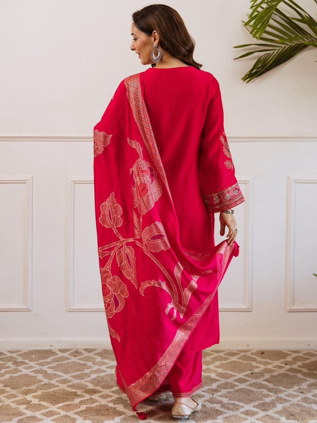 Dhiyona IE Women Floral Embroidered Kurta with Sharara & Dupatta