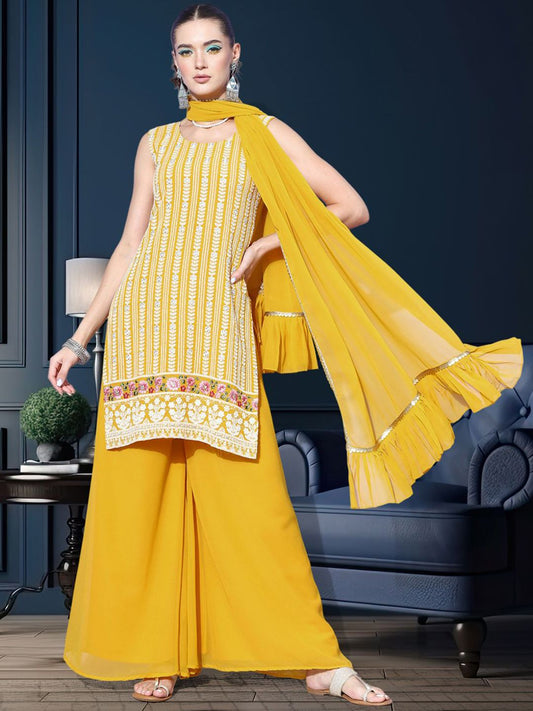 Dhiyona SN Floral Embroidered Sequinned Work Georgette Straight Kurta With Palazzo & Dupatta