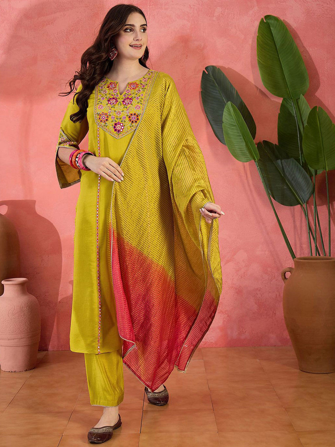 Floral Yoke Design Mirror Work Straight Kurta With Trousers & Dupatta