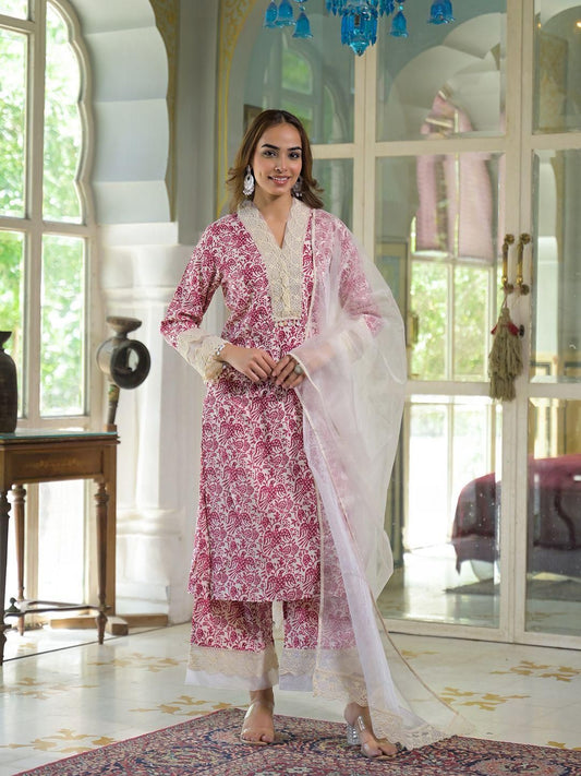 Dhiyona KL Women Cream and pink Viscose Rayon Kurta With Trousers & Dupatta
