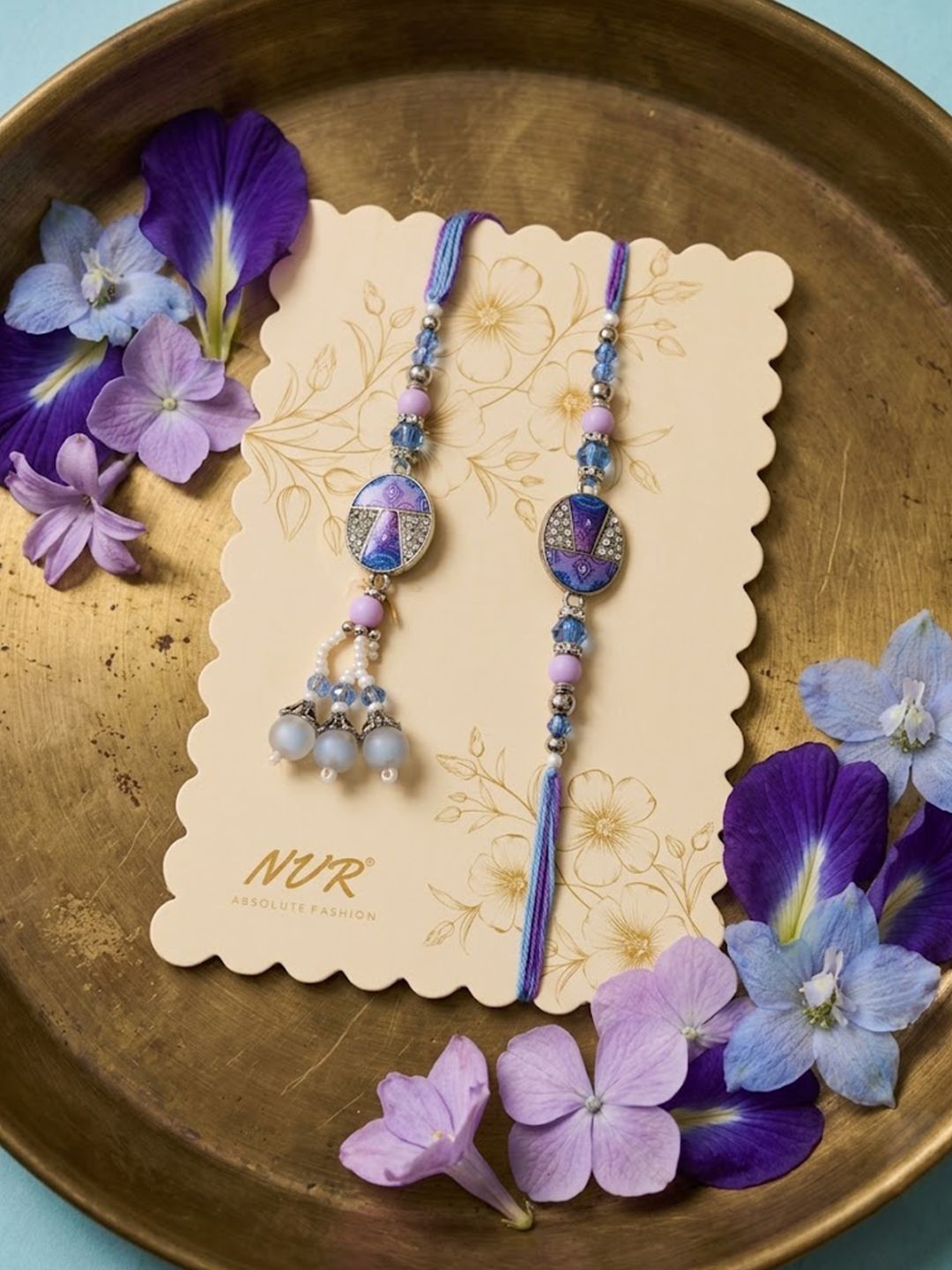 Dhiyona Set Of 2 Purple Artificial Beads Traditional Bhaiya Bhabhi Rakhi With Roli Chawal