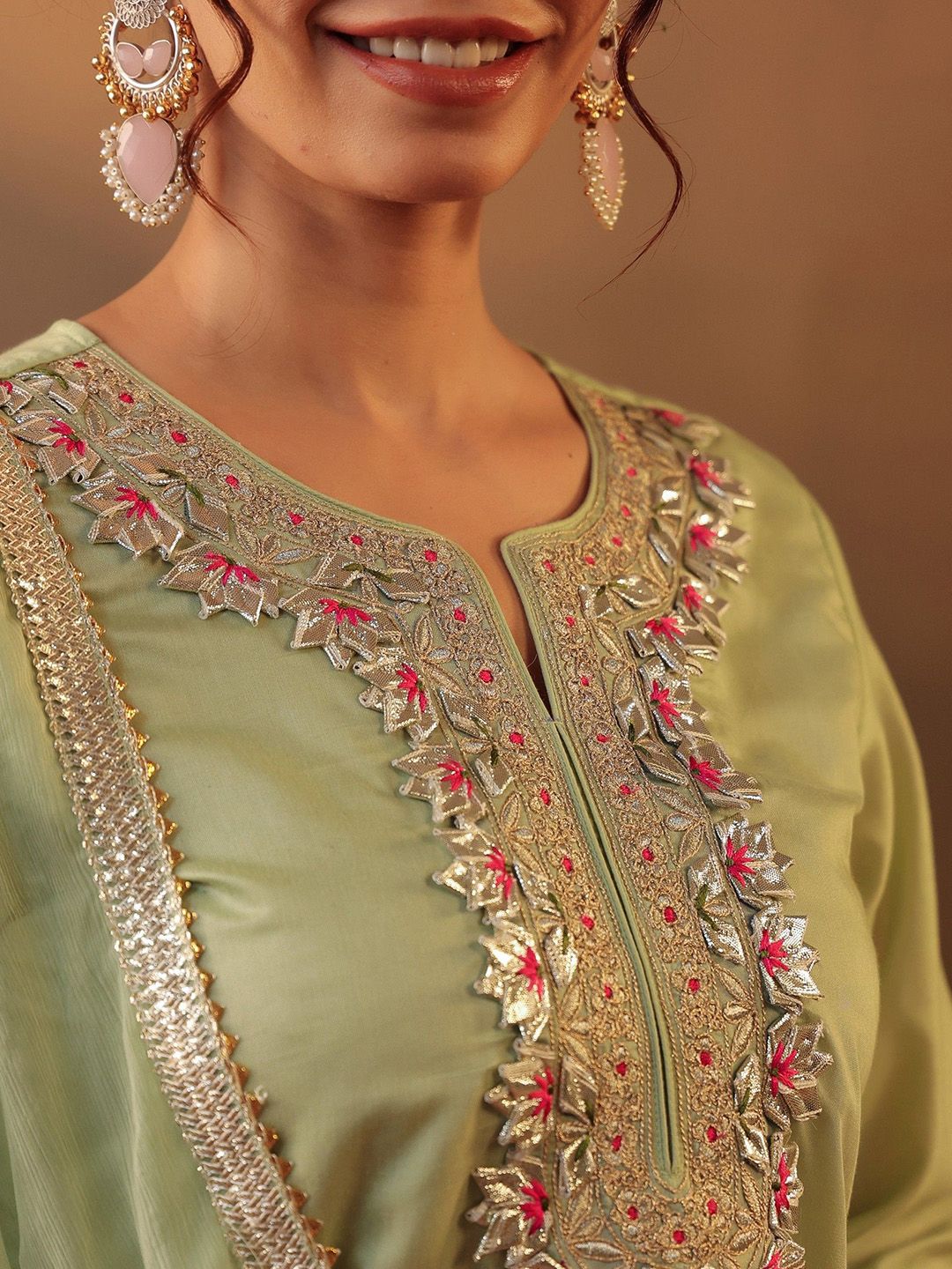 Dhiyona SC Floral Embroidered Gotta Patti Straight Kurta with Sharara & Dupatta