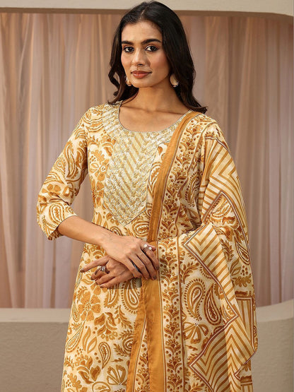 Mustard Paisley Printed Cotton Straight Suit Set
