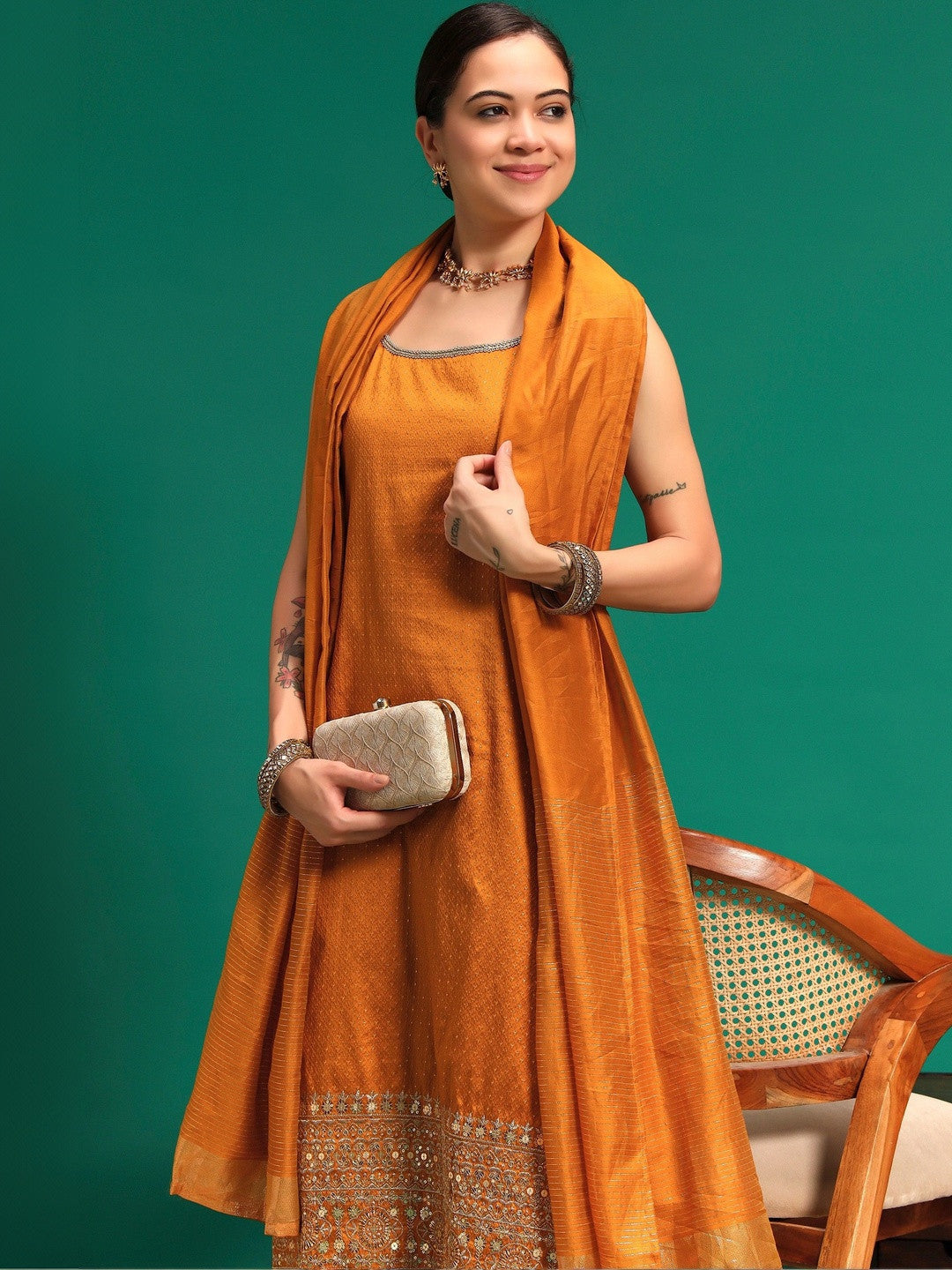 Women Ethnic Motifs Regular Thread Work Kurta with Trousers & With Dupatta