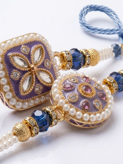 Dhiyona Set Of 2 White Pearls Thread Rakhi With Roli Chawal Chandan Mishri