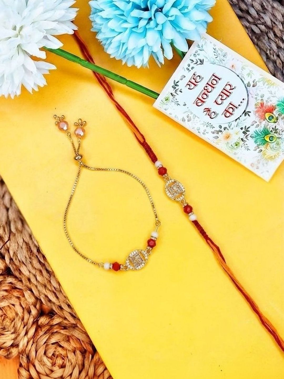 Dhiyona Set Of 2 Artificial Stones & Beads Swastik Bhaiya Bhabhi Rakhi With Roli Chawal