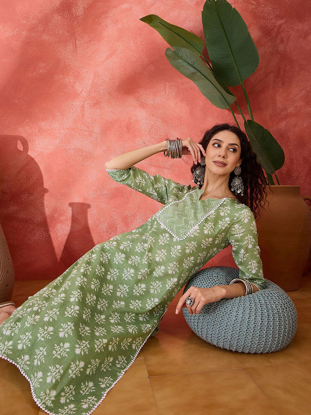 Floral Printed Notch Neck Pure Cotton Straight Kurta With Salwar